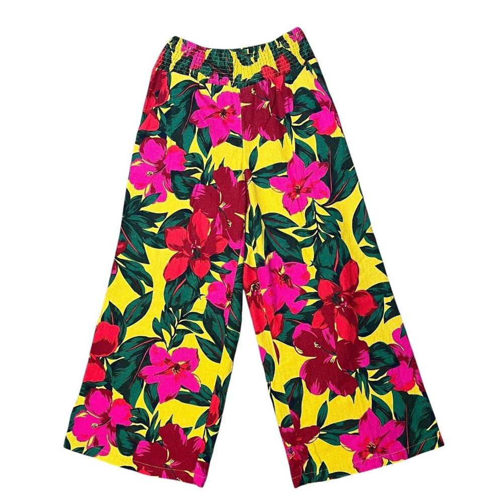 Tahari Women Wide Leg Linen Pants Medium Size Tropical Cropped Floral Pull On - Picture 2 of 13